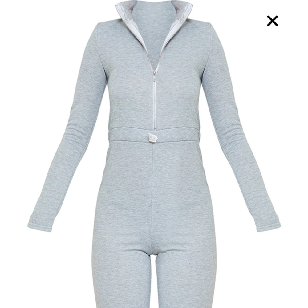 Grey High Neck Shoulder Pad Zip Sweat Jumpsuit